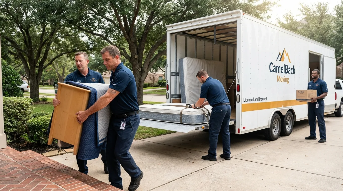 Crew loading residential truck for cross-state move from Prairie View, TX