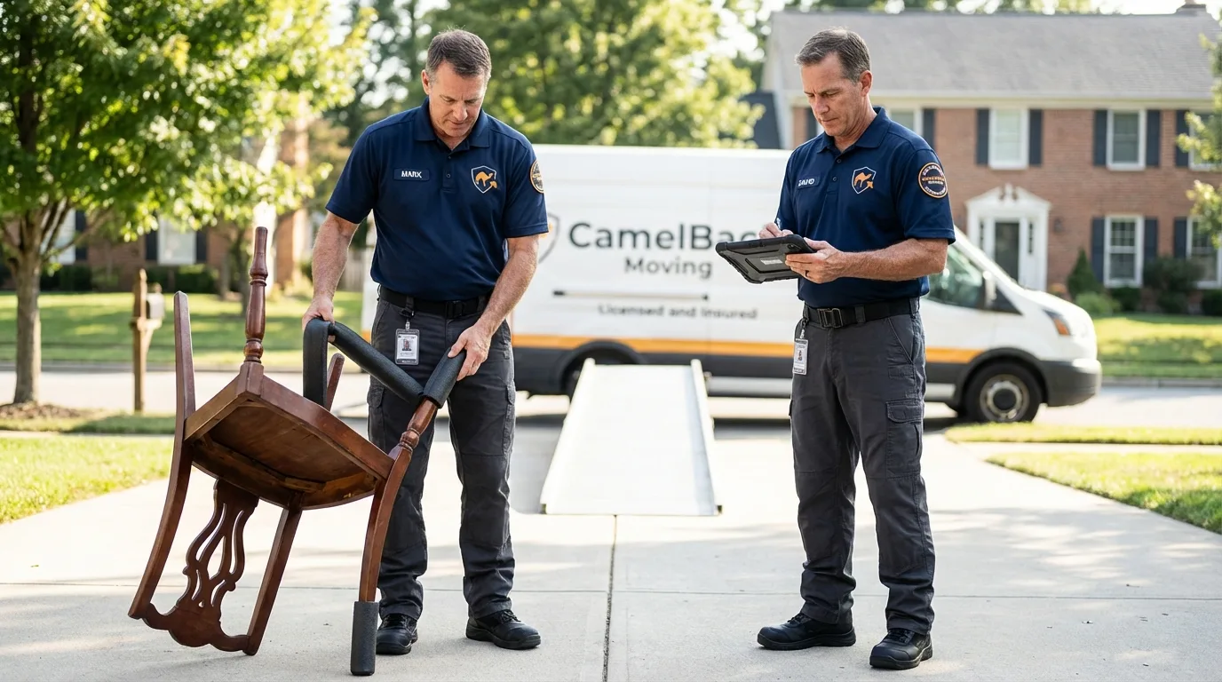 Movers inspecting furniture for damage prevention before loading in Prairie View, TX