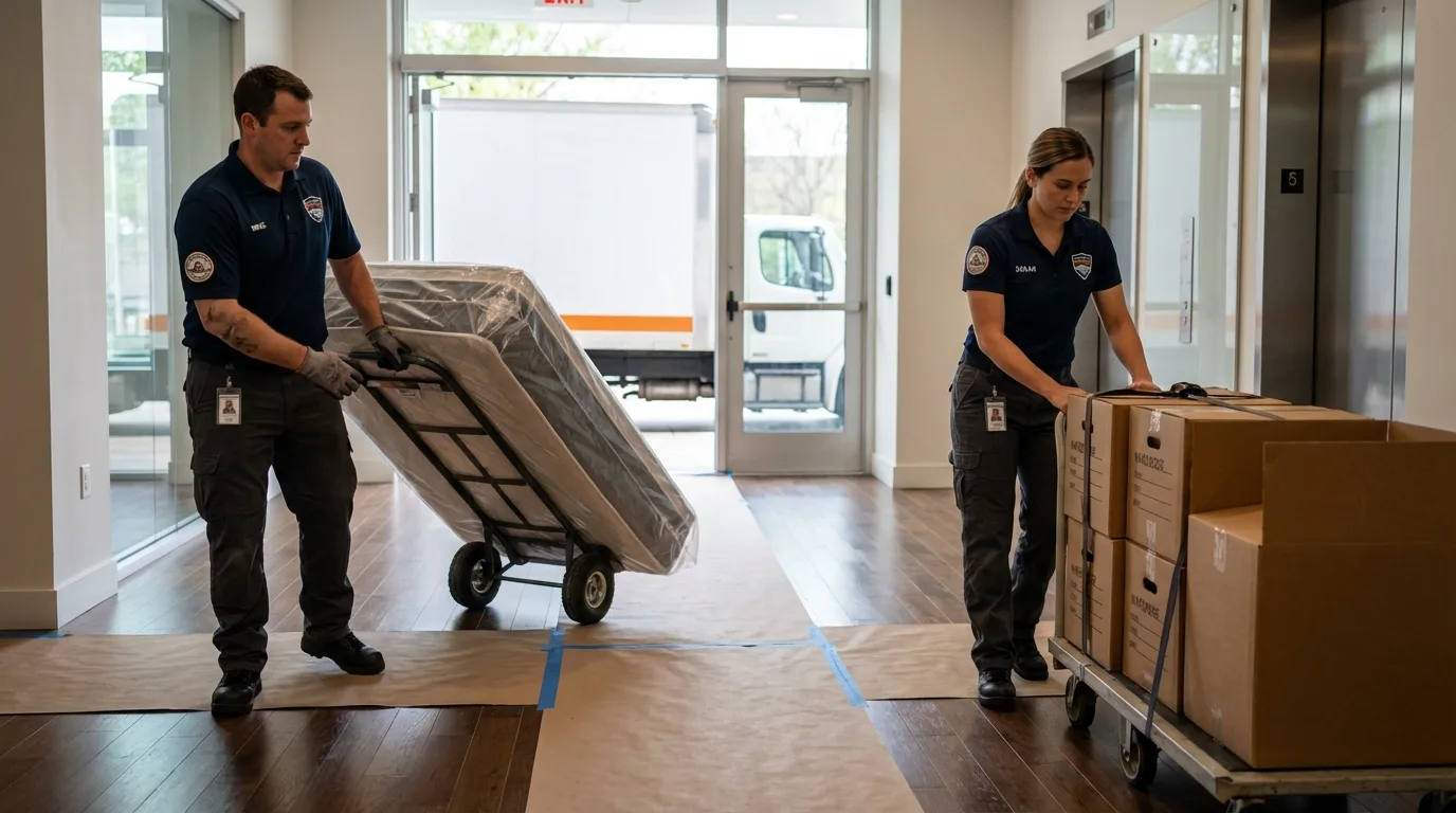 Professional apartment movers loading elevator in Prairie View, TX